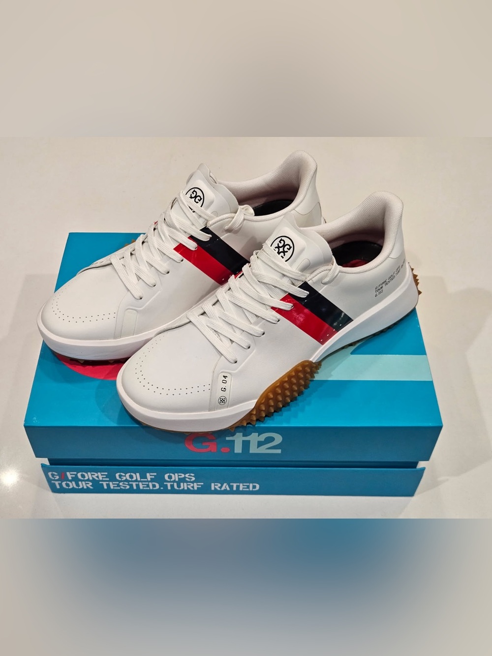NEW UNWORN: G/FORE White Leather Golf Sneakers with Red & Black Side Stripes
